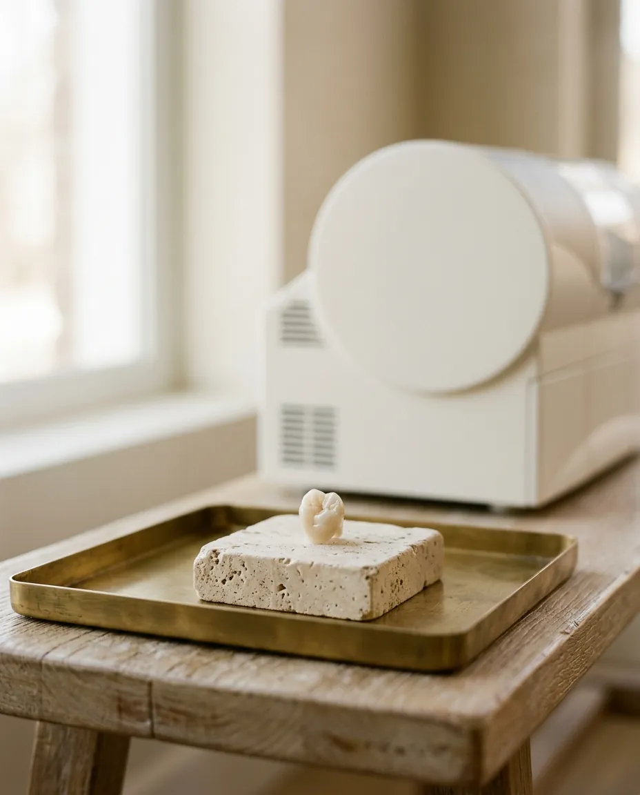 A freshly milled ceramic crown on a travertine block beside a milling unit