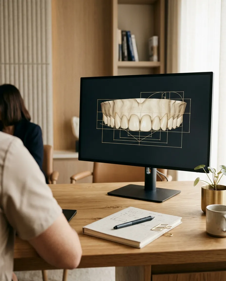 A digital smile design with proportion guides on a monitor